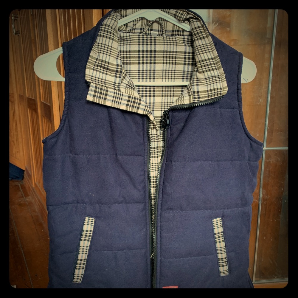 Navy blue Baker vest with plaid interior